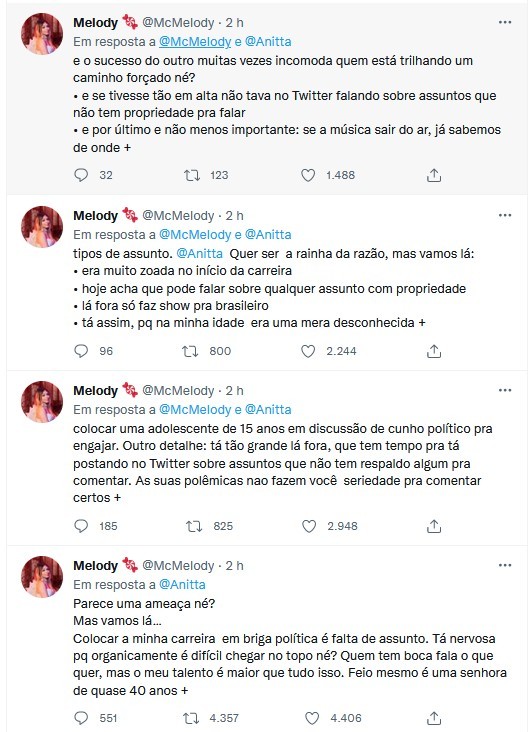 Melody critica Anitta no Twitter (Foto: Reprodução/Twitter)