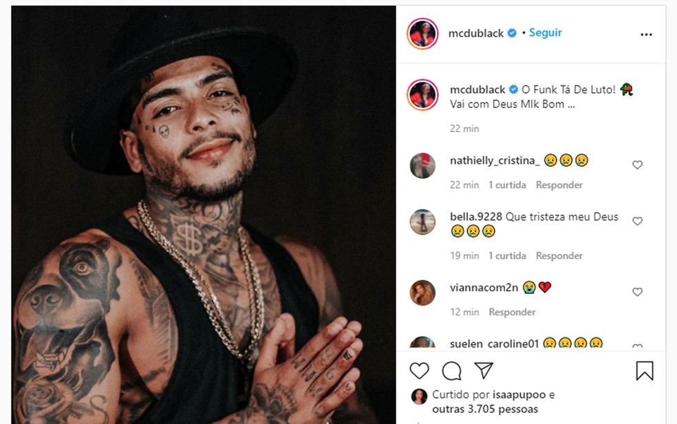Homenagem a MC Kevin no perfil de MC Du Black neste domingo (16) — Foto: Reprodução/Instagram/MCDuBlack