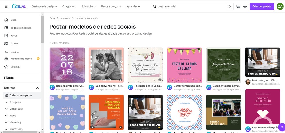 Crie designs personalizados para redes sociais usando o Canva — Foto: Reprodução/Caroline Silvestre