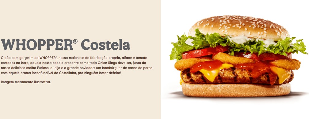 Whopper Costela é descrito na página do Burger King como um sanduíche feito com "hambúrguer de carne de porco com aquele aroma inconfundível de Costelinha". — Foto: Reprodução
