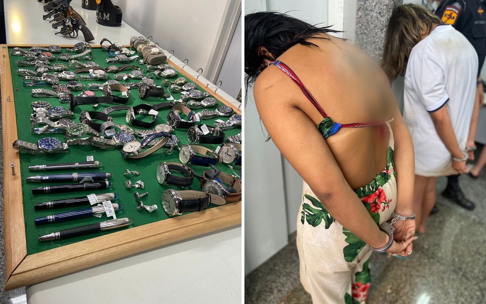 À esquerda, relógios, canetas e abotoadeiras roubadas em loja de Goiânia, Goiás; à direita, duas presas suspeitas do crime — Foto: Bruno Mendes/TV Anhanguera e Montagem/g1 