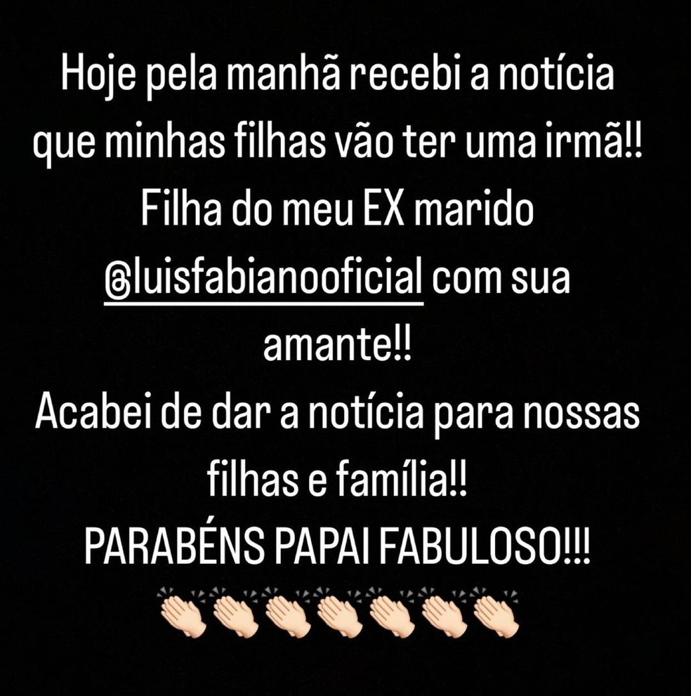 Juliana Paradela acusa Luis Fabiano de traição — Foto: Reprodução/Instagram