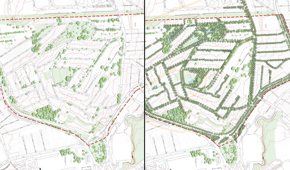 O antes e depois da implementaÃ§Ã£o do projeto de arborizaÃ§Ã£o do bairro Cidade SÃ£o Francisco â Foto: Labverde/USP