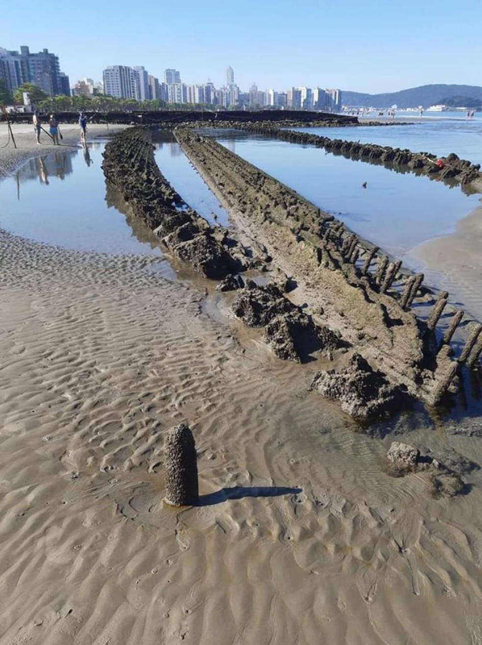 No dia 22 de julho de 2020, a pesquisadora Roselina registrou os destroços do navio encalhado na praia do Embaré, em Santos, SP — Foto: Arquivo pessoal/Roselina Diegues da Silva