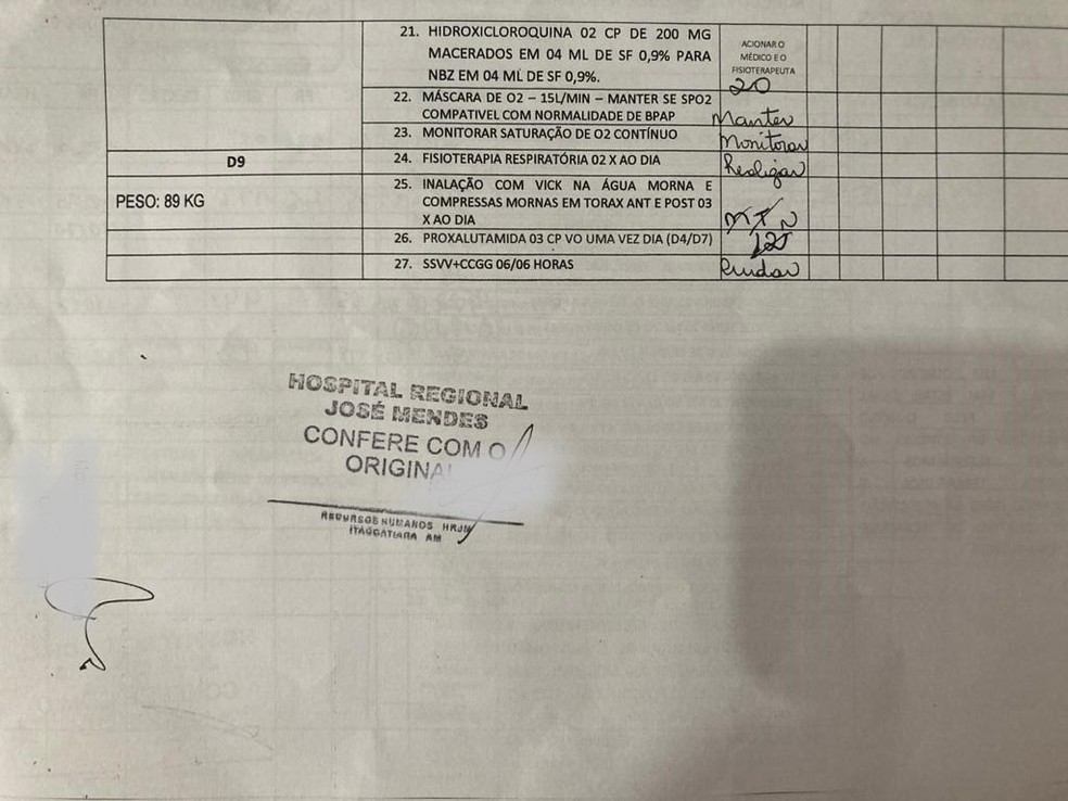 Prescrição de nebulização de hidroxicloroquina para paciente internada em Itacoatiara, no Amazonas — Foto: Reprodução