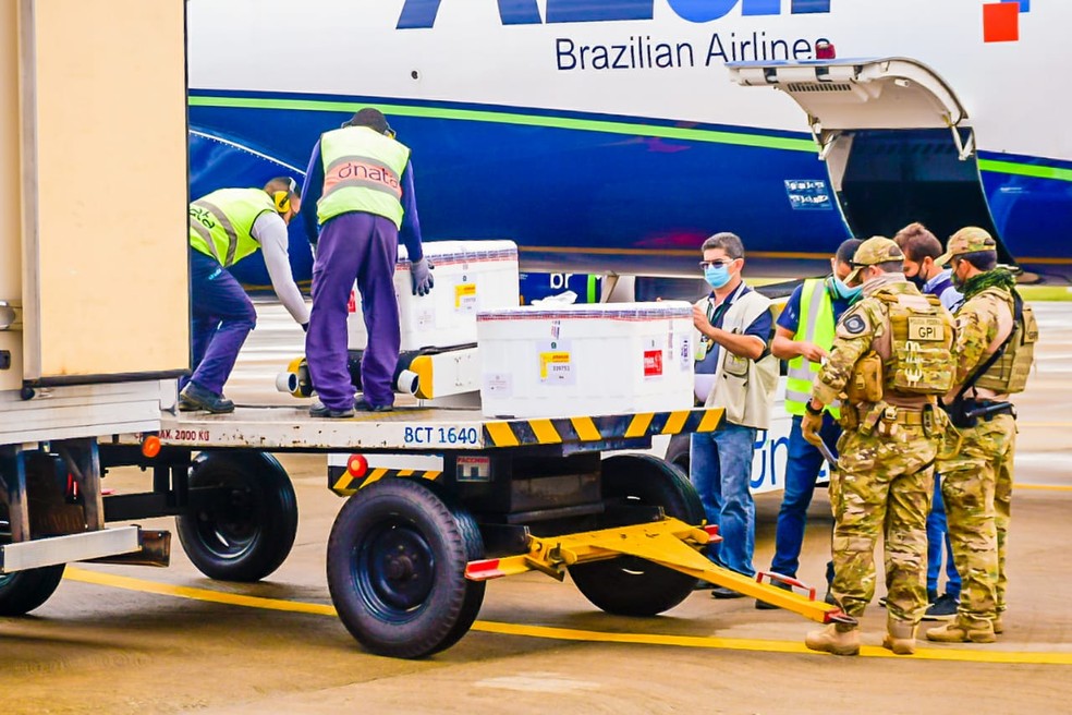 Voo que trouxe vacinas de Oxford/AstraZeneca chegou ao Maranhão por volta das 13h38 deste domingo (24). — Foto: Karlos Geromy/Governo do Maranhão