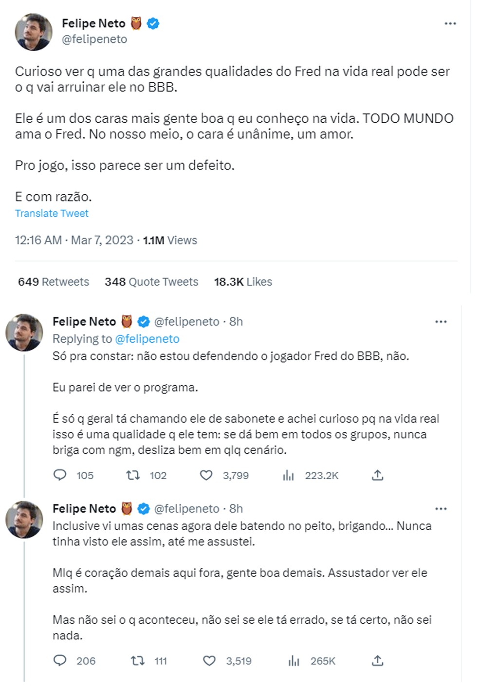 Coment&aacute;rios de Felipe Neto sobre Fred no BBB 23 &mdash; Foto: Twitter