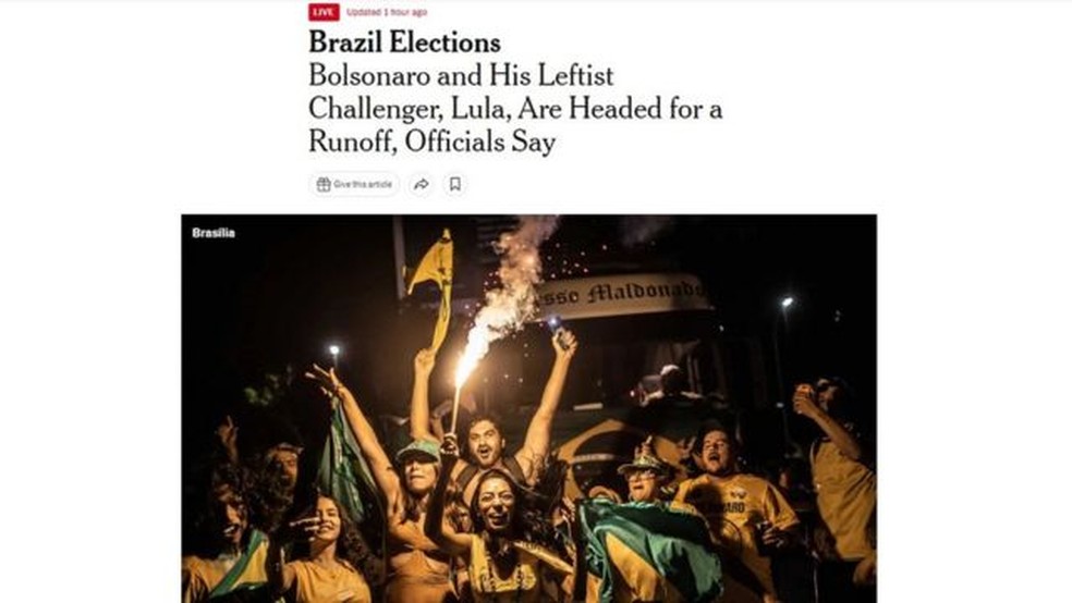 O New York Times abriu uma 'live' sobre a eleição brasileira — Foto: Reprodução via BBC