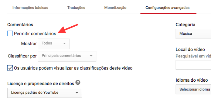 Opção para fechar vídeos para comentários em um canal do YouTube (Foto: Reprodução/Marvin Costa)