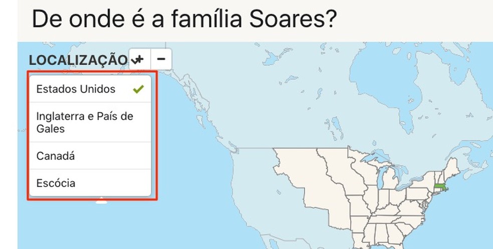 Opção para escolher um dos países onde um sobrenome possui registros no mapa do serviço online Ancestry — Foto: Reprodução/Marvin Costa
