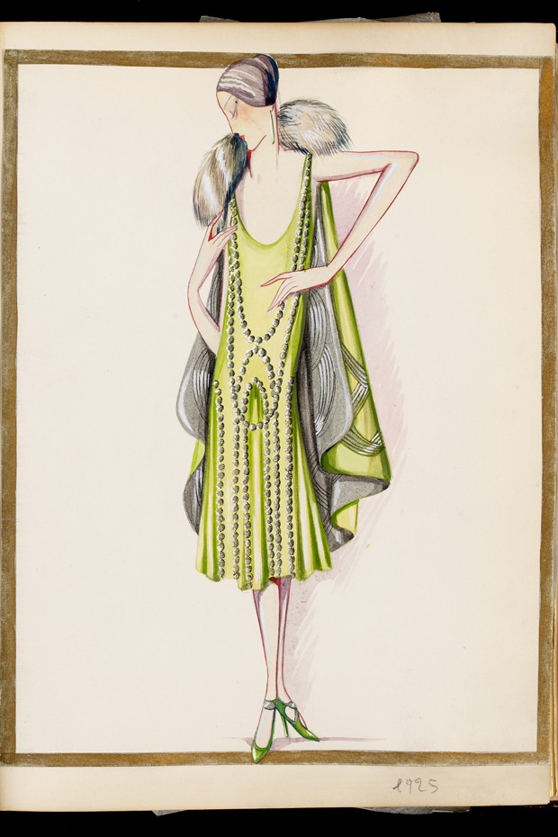 ‘Lesbos’ absinthe-green silk and satin dress embroidered with strips of lamé, glass beads and silvered tubes,1925 (Foto: Lanvin Heritage © Katerina Jebb, 2014)