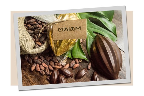 O cacau de Páscoa da Amma tem opções com cambuci, maracujá, uvaia, leite e açúcar de coco e café. Começando com 45% e indo até 80% de cacau (R$ 80)
