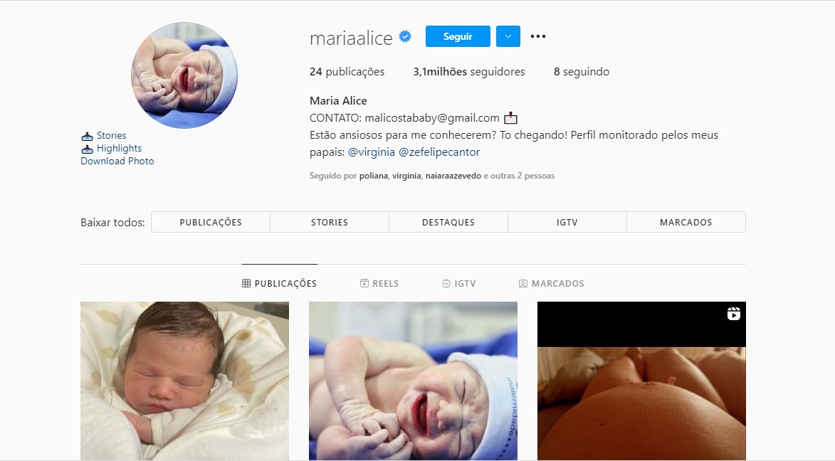 Maria Alice, filha de Virginia Fonseca e Zé Felipe: 3 milhões de seguidores (Foto: Reprodução Instagram)