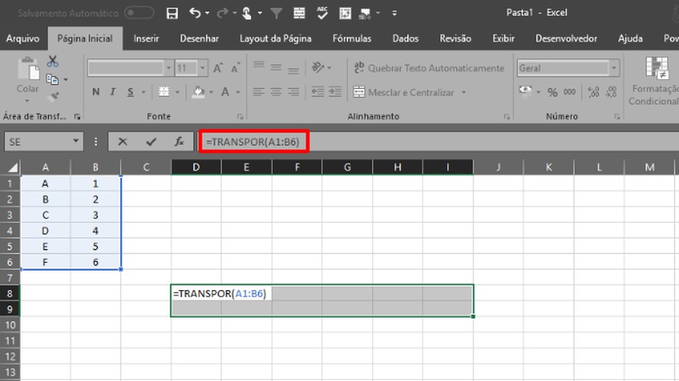 Em seguida, escreva “TRANSPOR(X:Y)”, com “X” e “Y” indicando o início e o fim da tabela que será transposta (Foto: Reprodução/Daniel Ribeiro)