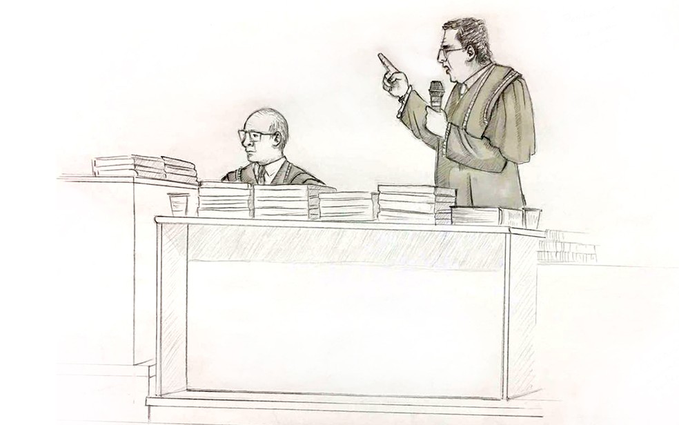 Ilsutração mostra momento em que advogados discutem durante julgamento de Elize (Foto: Roberta Jaworski/Editoria de Arte/G1)