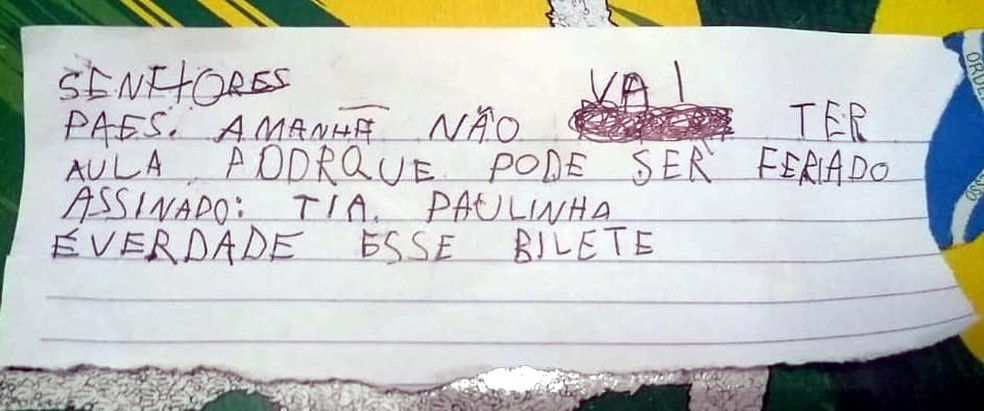 Menino escreveu bilhete em nome da professora para faltar Ã  escola em Bocaina (SP) (Foto: Arquivo pessoal)