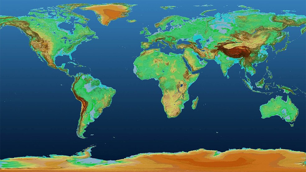 O mapa mostra variações de altitude na superfície terrestre ao longo de mais de 148 milhões de km² — Foto: DLR/BBC