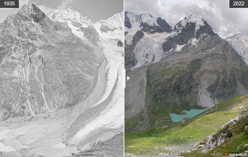 Vista do Glaciar Tschierva e da montanha Piz Roseg (cume direito) em 1935 e 2022 (Foto: Swisstopo e VAW/ETH Zurique)
