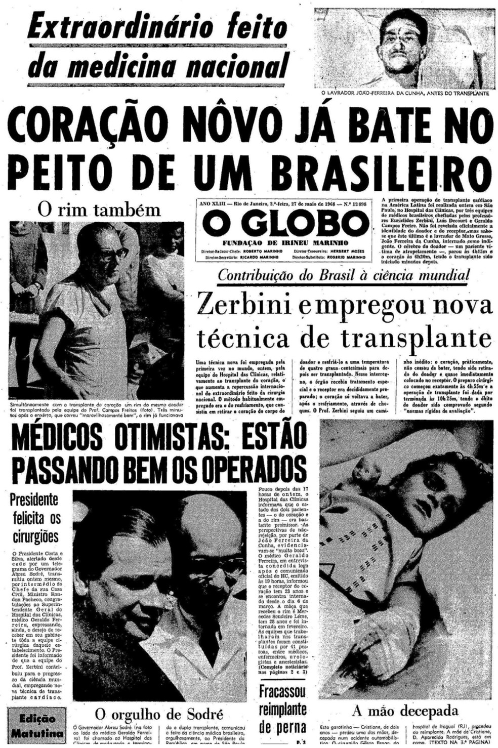 Capa do jornal O Globo de 27 de Maio de 1968 (Foto: Arquivo/O Globo)