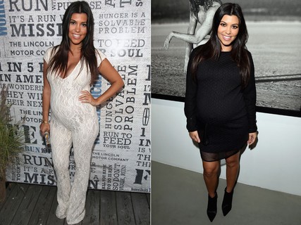 Durante a sua terceira gestação, Kourtney Kardashian tem investido em looks de cores neutras, como o preto e o branco