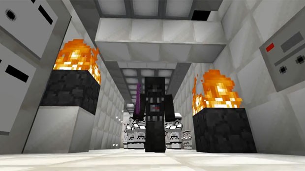 Darth Vader entra na nave onde está a pricesa Leia em cena de 'Star Wars' recriada em 'Minecraft' (Foto: Divulgação/ParadiseDecay)