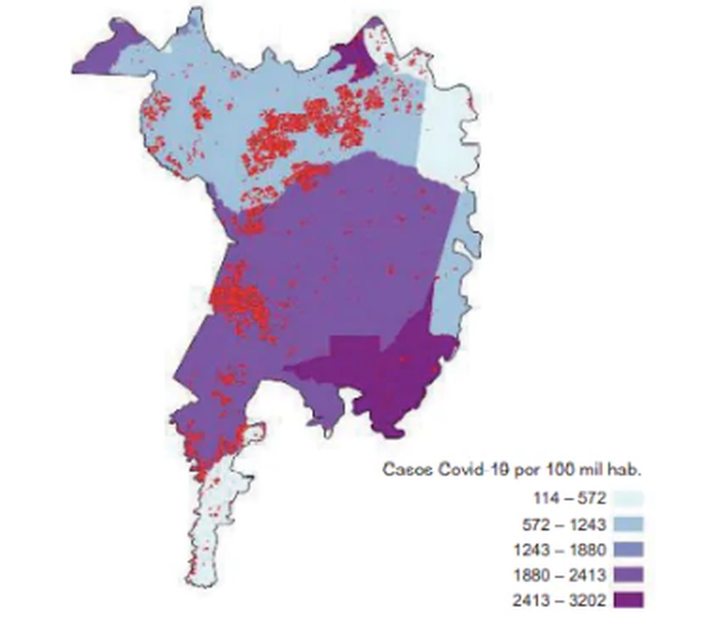 Focos de queimadas e casos de Covid-19 por 100 mil habitantes no Pantanal, at 31 de agosto de 2020  Foto: Fiocruz/Inpe