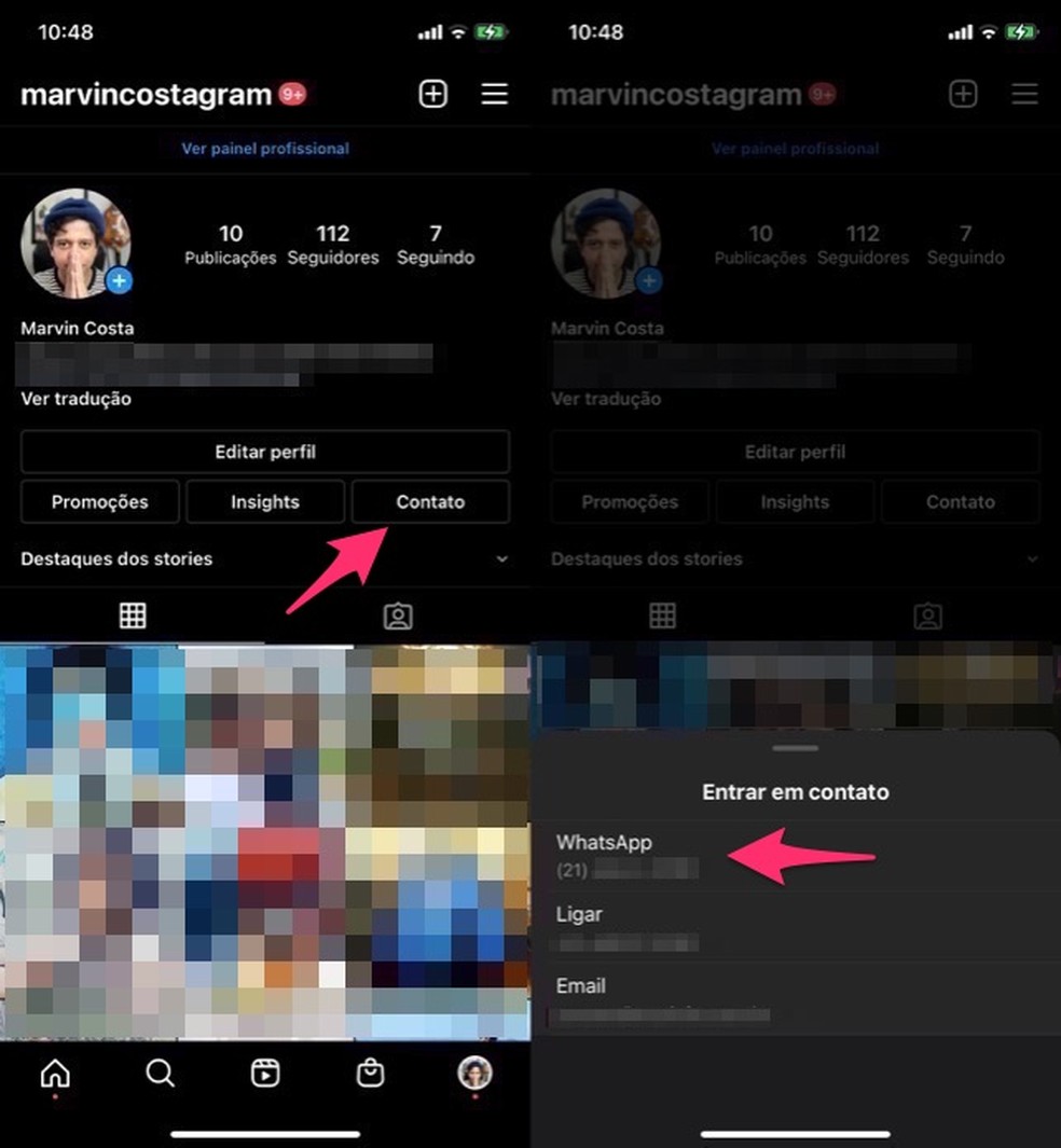 Ação para visualizar o link de WhatsApp no Instagram — Foto: Reprodução/Marvin Costa