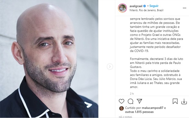 Axel Grael decreta luto de três dias por morte de Paulo Gustavo (Foto: Reprodução/Instagram)
