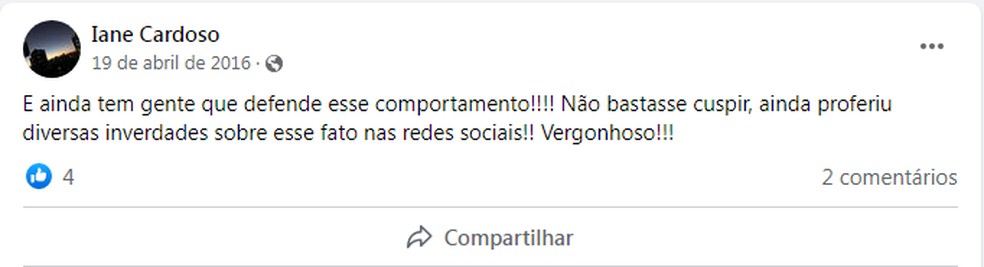 Post da delegada Iane Cardoso sobre cuspe em Jair Bolsonaro, em 2016 — Foto: Reprodução 