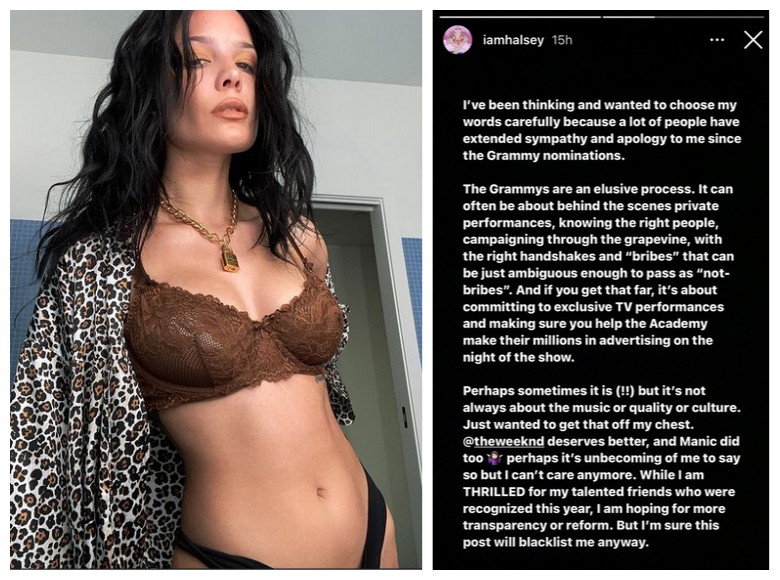 O post da cantora Halsey com críticas enfáticas e acusações de suborno aos jurados do Grammy (Foto: Instagram)