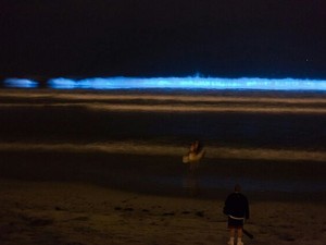 Efeito azul nas ondas apareceu na praia do Embaré (Foto: Thiago Lemos Flipper/Arquivo Pessoal)