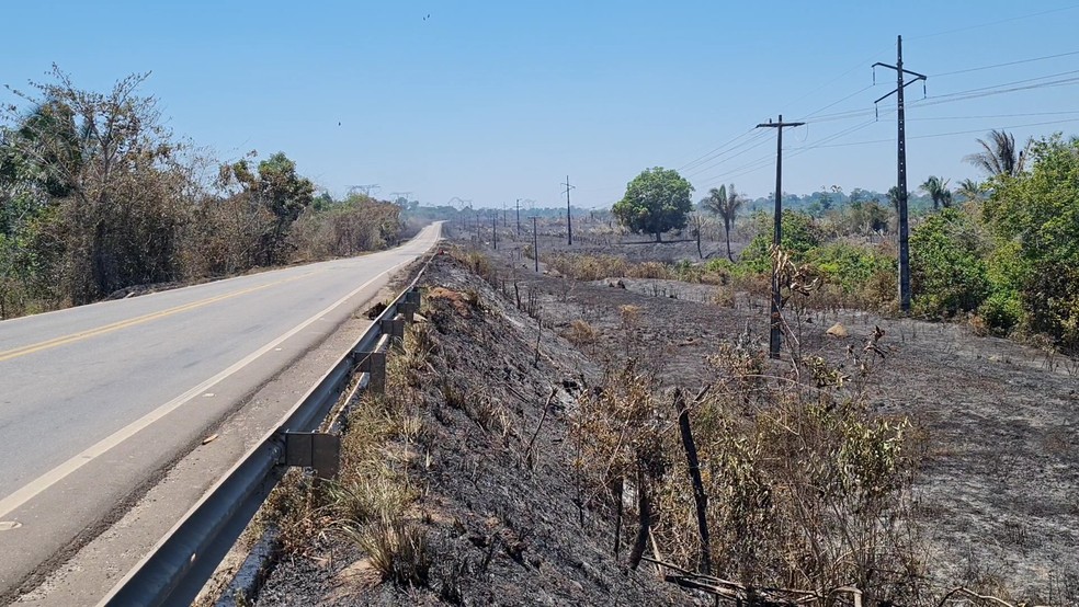Áreas de mata próximo a aldeia indígena e também da estrada foram destruídos em incêndio no Pará  — Foto: Jhones Freires/TV Liberal