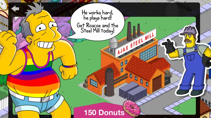 Gil tentando vender a siderúrgica AJAX Steel Mill com seu dono Roscoe por 150 Donuts (Foto: Reprodução/The Simpsons Tapped Out Addicts)