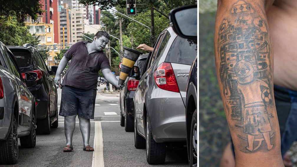 Hélio recebe doação entre um farol e outro na Avenida Brasil. À direita, a tatuagem que tem no braço — Foto: Fábio Tito/g1