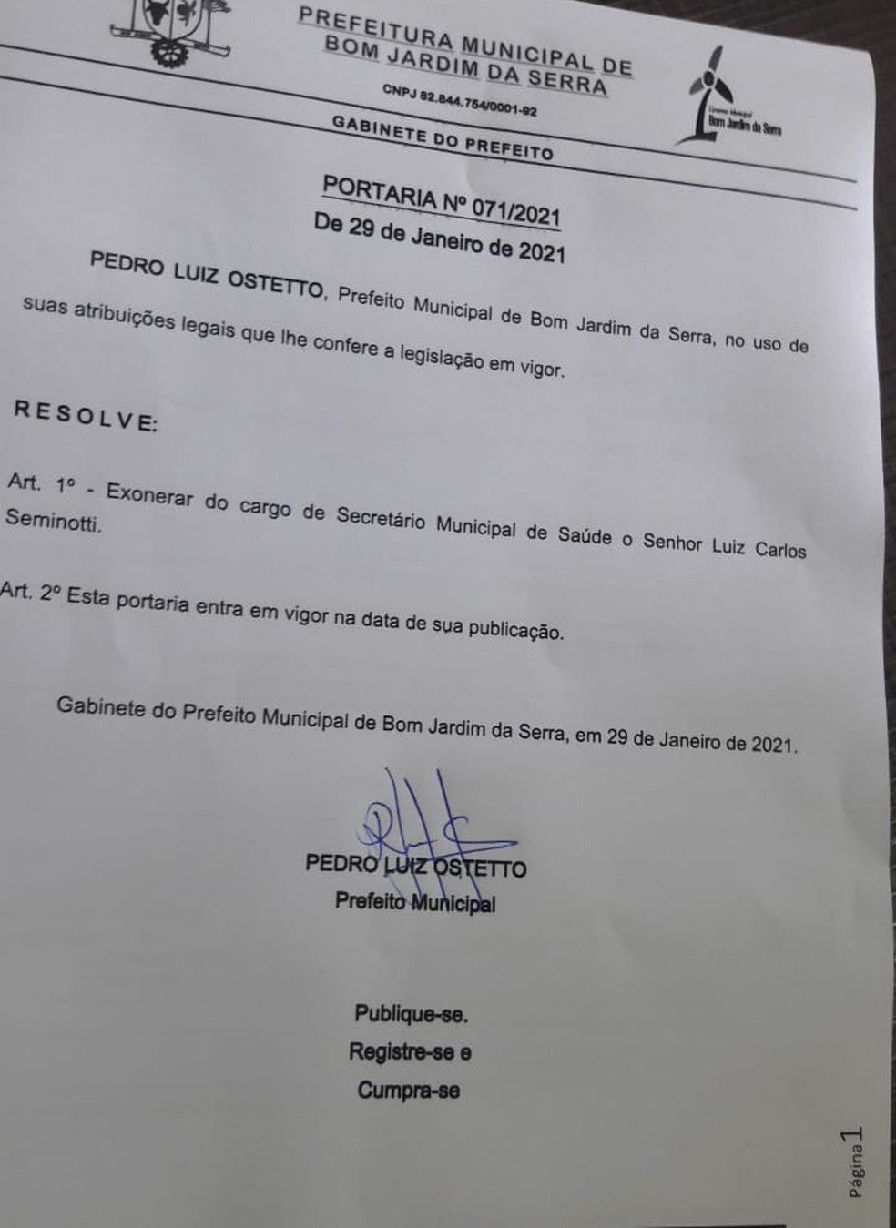 Prefeito de SC decretou a exoneração do Secretário de Saúde após vacinação contra a Covid-19 — Foto: Prefeitura de Bom Jardim da Serra/Divulgação
