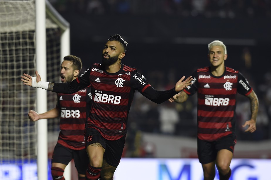Gabigol comemora seu gol, o segundo do Flamengo contra o São Paulo