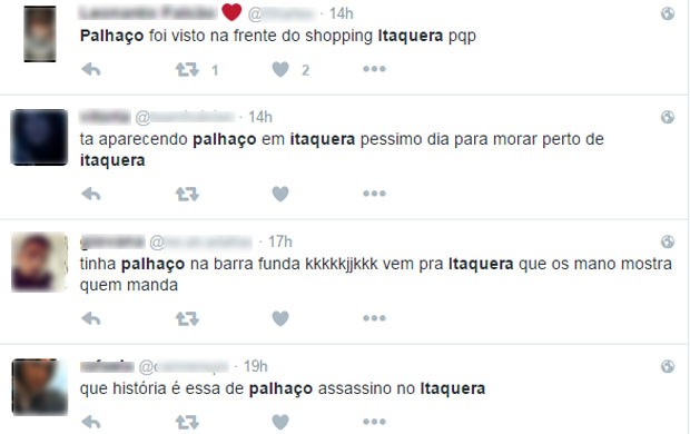 Usuários do Twiter falam sobre aparição de palhaço em Itaquera, Zona Leste de São Paulo (Foto: Reprodução/Twitter)