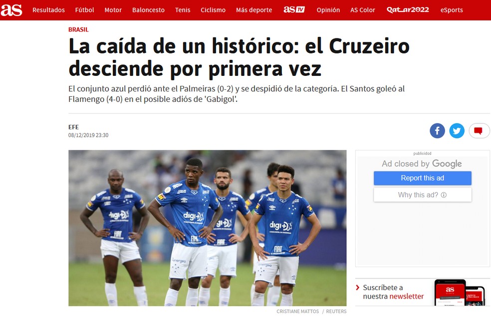 Jornal As, da Espanha, repercute rebaixamento do Cruzeiro — Foto: Reprodução