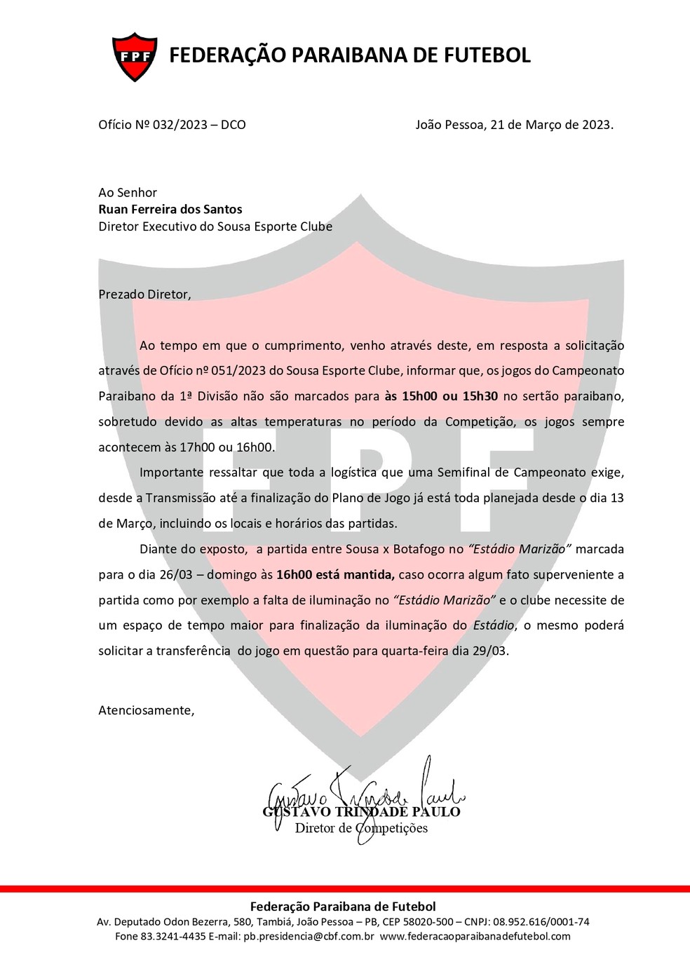 Ofício, FPF-PB, Sousa x Botafogo-PB, Campeonato Paraibano 2023 — Foto: Divulgação / FPF-PB