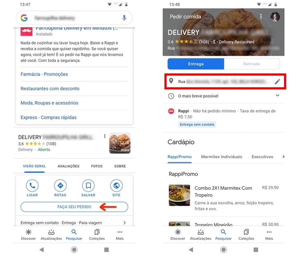 Botão para pedir delivery de comida no card do Google em dispositivo móvel — Foto: Reprodução/Raquel Freire