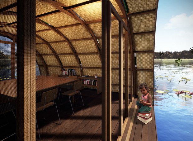 O projeto da biblioteca flutuante, do arquiteto Marko Brajovic, está sendo construído no Lago Mamori, na Amazônia (Foto: Divulgação/Atelier Marko Brajovic)