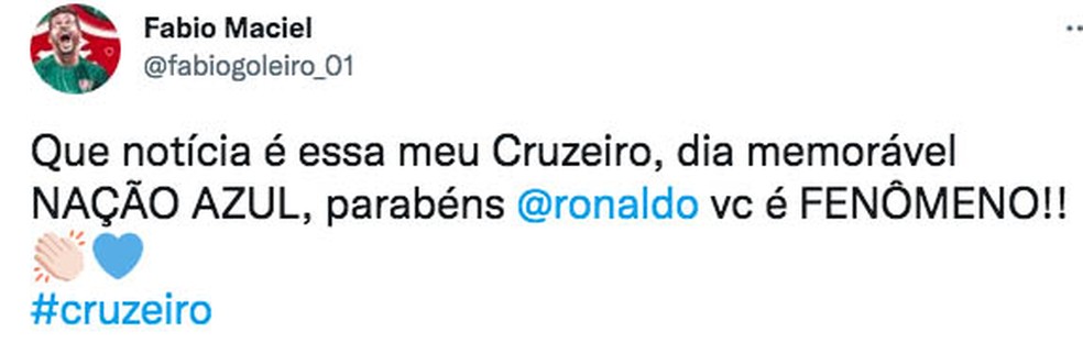 Goleiro Fábio comemorou acordo entre Ronaldo e Cruzeiro, firmado em dezembro de 2021 — Foto: Reprodução Twitter