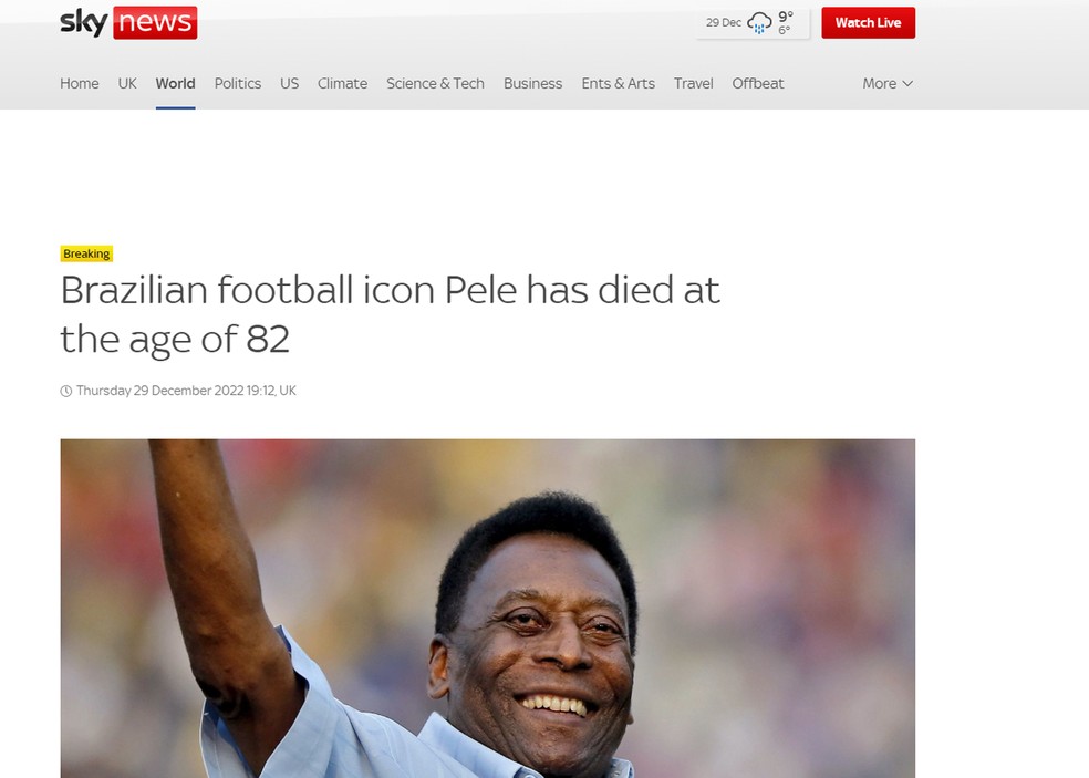 Site Sky News repercute morte de Pelé — Foto: Reprodução