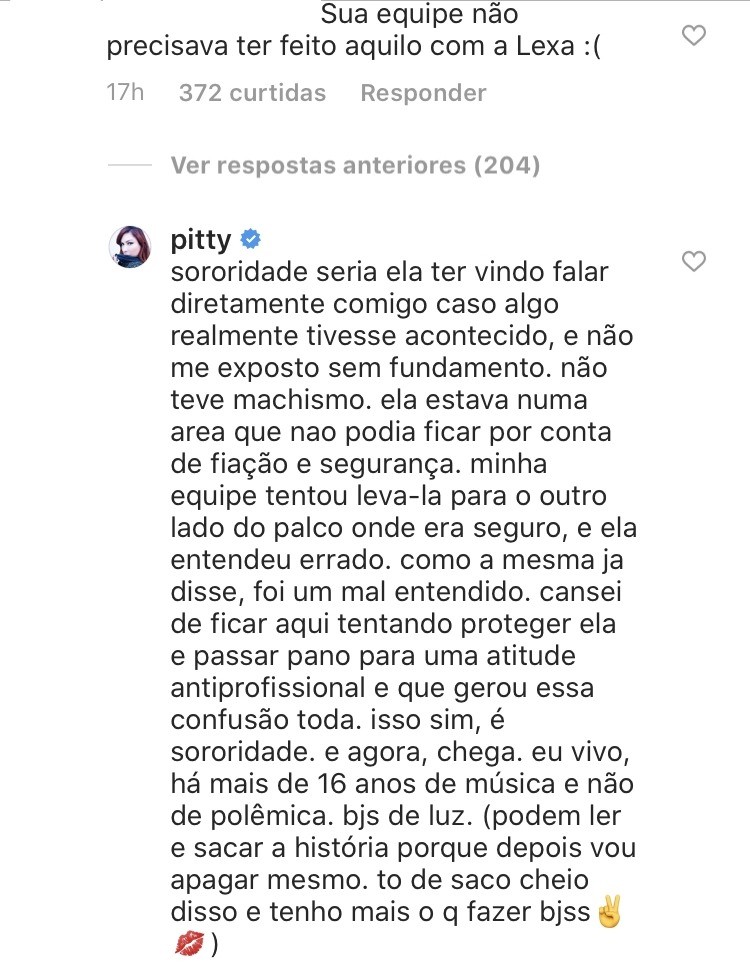 Pitty rebate Lexa (Foto: Reprodução/ Instagram)