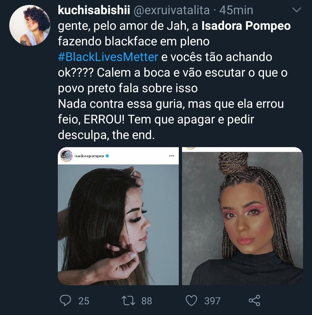 Tweets sobre as tranças e maquiagem de Isadora Pompeo (Foto: Reprodução/Twitter)