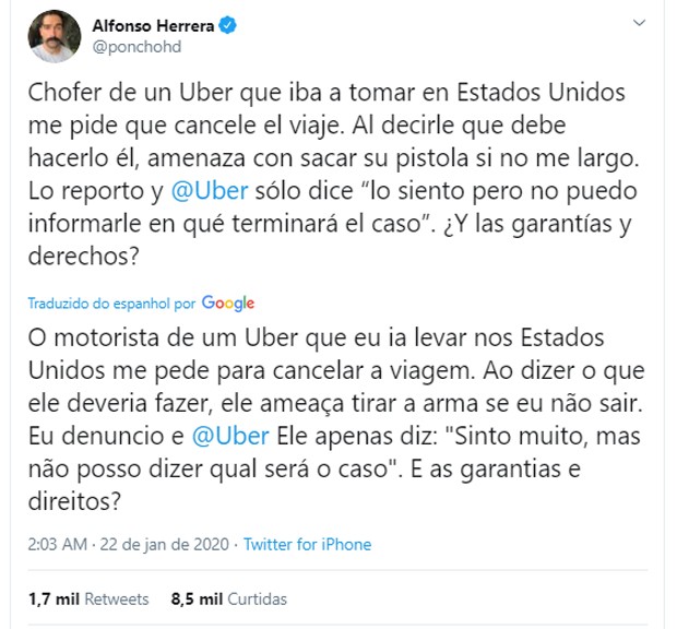Alfonso Herrera diz que foi ameaçado por motorista de aplicativo armado (Foto: Reprodução/Twitter)