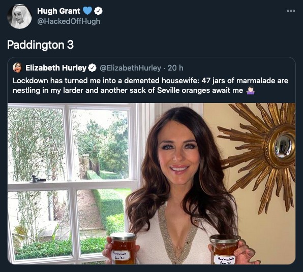 O post do ator Hugh Grant brincando com a possibilidade da presença da atriz Elizabeth Hurley em Paddington 3 (Foto: Twitter)