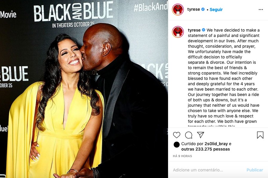 O post assinado por Tyrese Gibson e sua agora ex-esposa anunciando o término do casamento (Foto: Instagram)