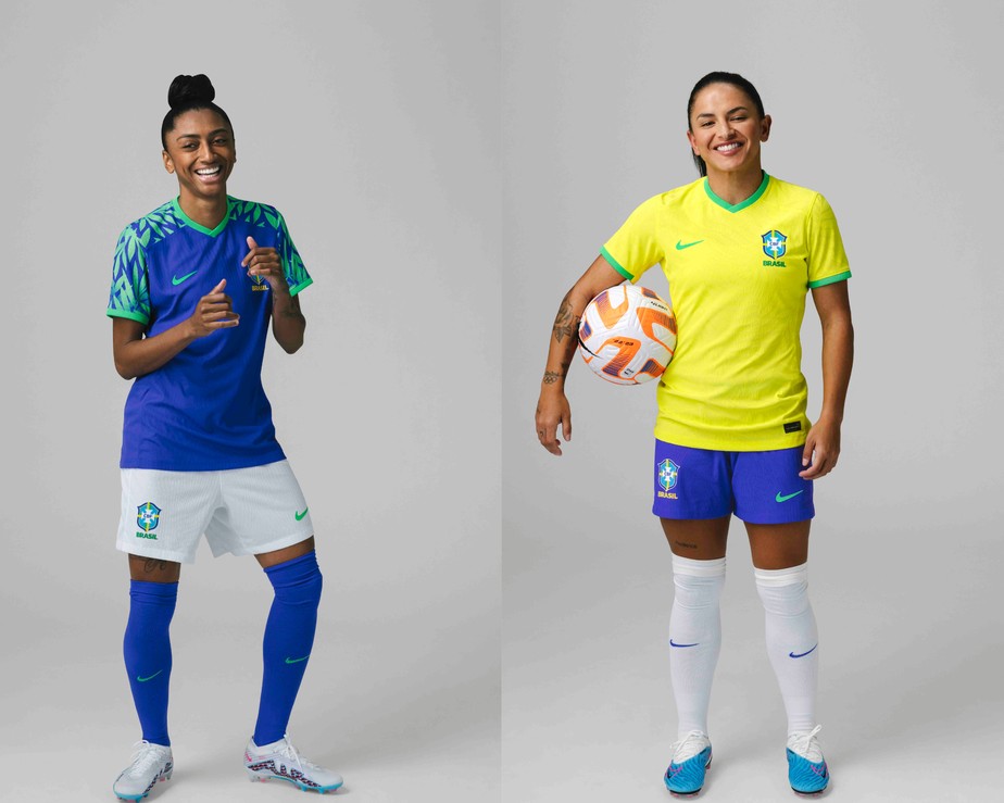 Nike e CBF apresentam novos uniformes da seleção brasileira. À esquerda: Kerolin. À direita: Debinha