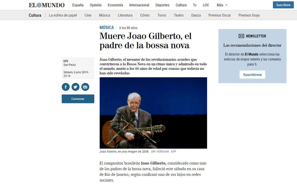Notícia da morte de João Gilberto no 'El Mundo' — Foto: Reprodução/El Mundo
